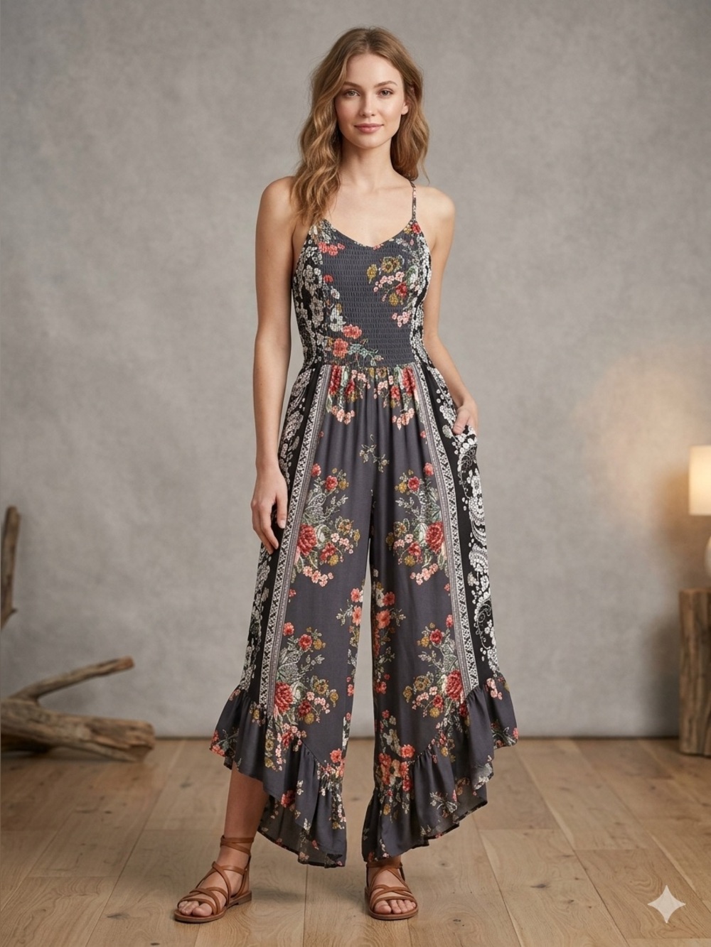 Floral Dark Gray Wide-Leg Jumpsuit with Adjustable Straps